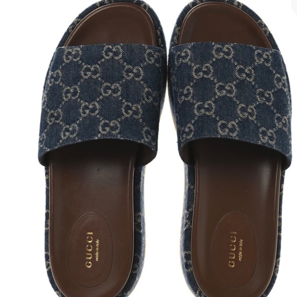 New Denim GG Monogram Angelina Platform 55mm Slide Sandals 40 Blue Tea - Picture 2 of 5
